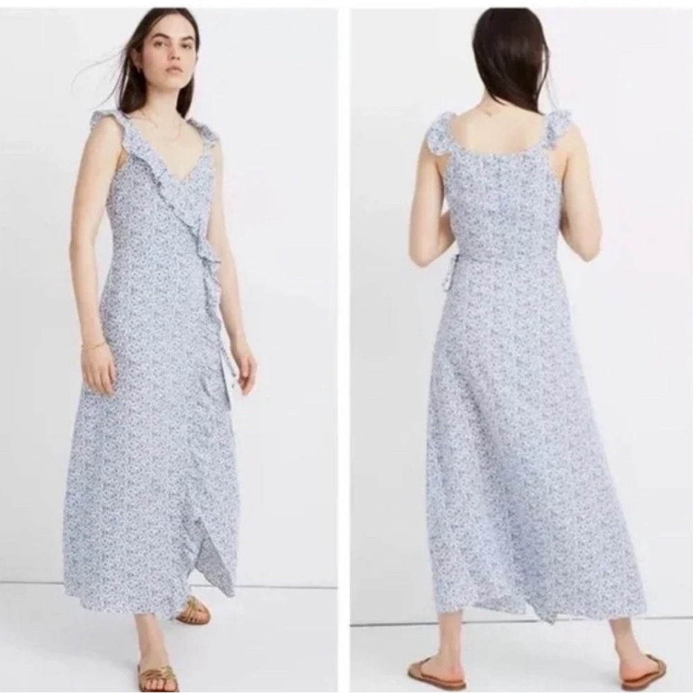 Madewell Ruffled Wrap Maxi Dress Americana Floral Size 00 Blue & White Side Zip